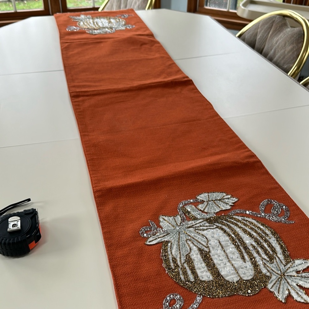 Rust color with gold beading pumpkins , table runner 70x16